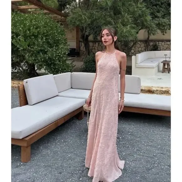 ZARA NEW WOMAN SS25 STRUCTURED MAXI HALTER DRESS BEIGE-PINK XS - Picture 8 of 11